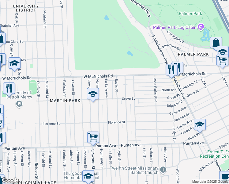 map of restaurants, bars, coffee shops, grocery stores, and more near 16847 Baylis Street in Detroit