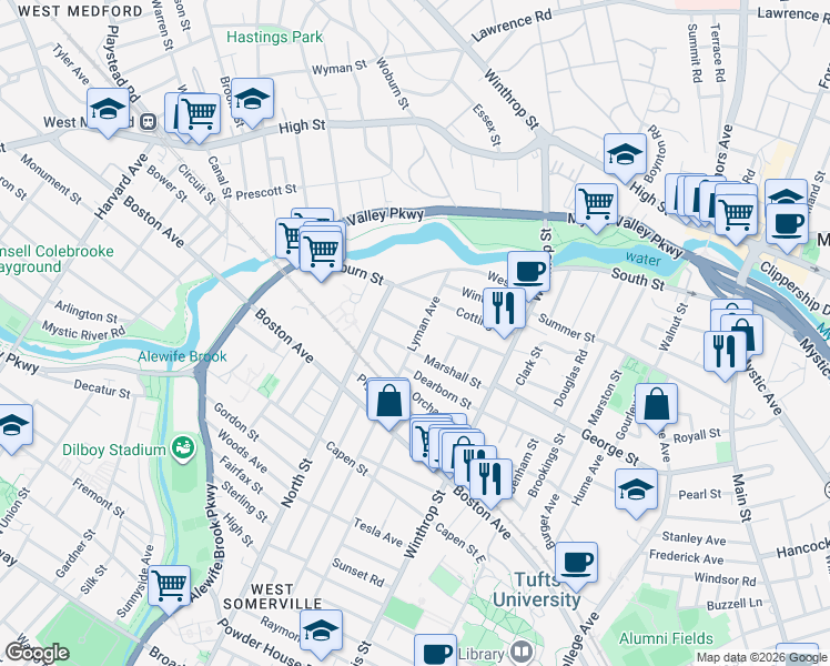 map of restaurants, bars, coffee shops, grocery stores, and more near 50 Lyman Avenue in Medford