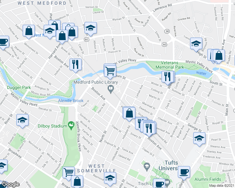 map of restaurants, bars, coffee shops, grocery stores, and more near 20 Fortunato Drive in Medford
