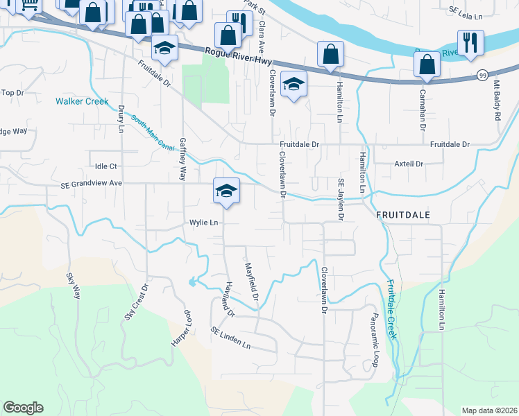 map of restaurants, bars, coffee shops, grocery stores, and more near 1880 Cloverlawn Drive in Grants Pass