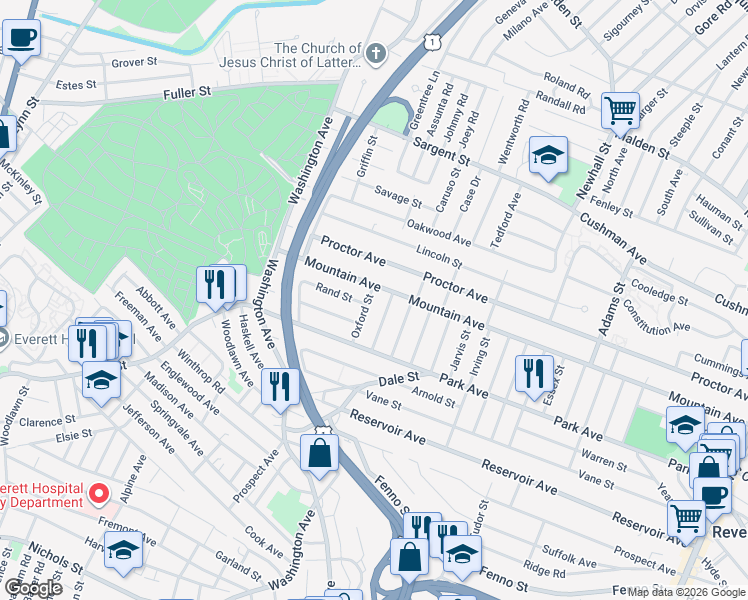 map of restaurants, bars, coffee shops, grocery stores, and more near 4 Rand Street in Revere