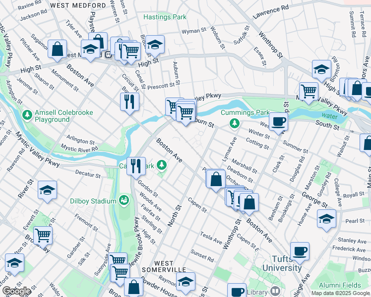 map of restaurants, bars, coffee shops, grocery stores, and more near 200 Boston Avenue in Medford