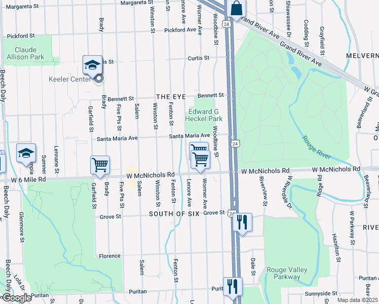 map of restaurants, bars, coffee shops, grocery stores, and more near 17190 Lenore Avenue in Detroit