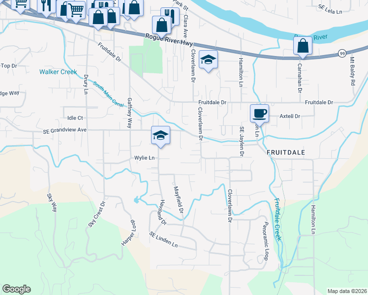 map of restaurants, bars, coffee shops, grocery stores, and more near 1880 Cloverlawn Drive in Grants Pass