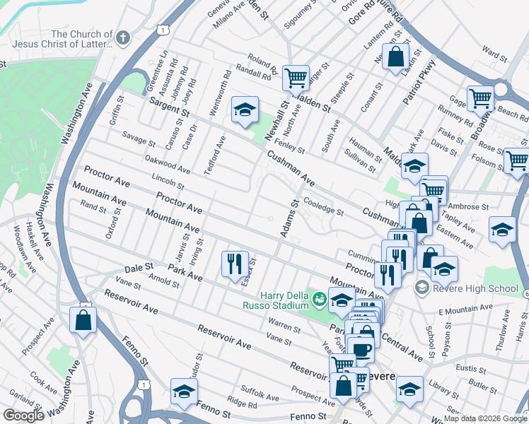 map of restaurants, bars, coffee shops, grocery stores, and more near 23 Blaney Court in Revere
