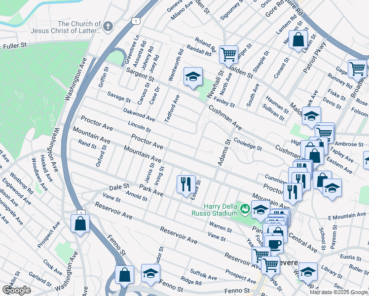 map of restaurants, bars, coffee shops, grocery stores, and more near 277 Proctor Avenue in Revere