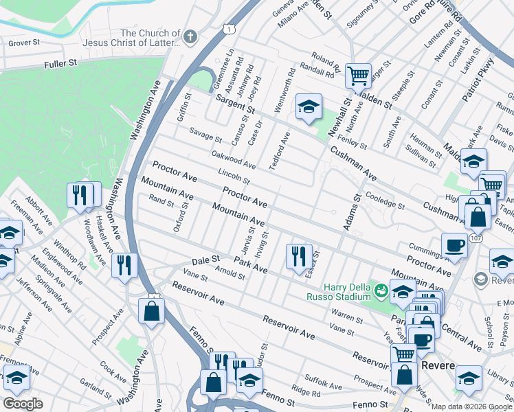map of restaurants, bars, coffee shops, grocery stores, and more near 415 Mountain Avenue in Revere