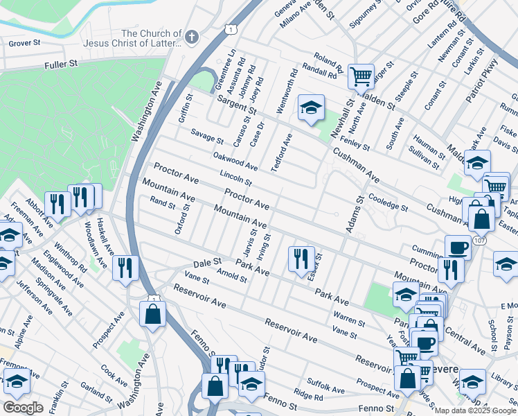 map of restaurants, bars, coffee shops, grocery stores, and more near 415 Mountain Avenue in Revere