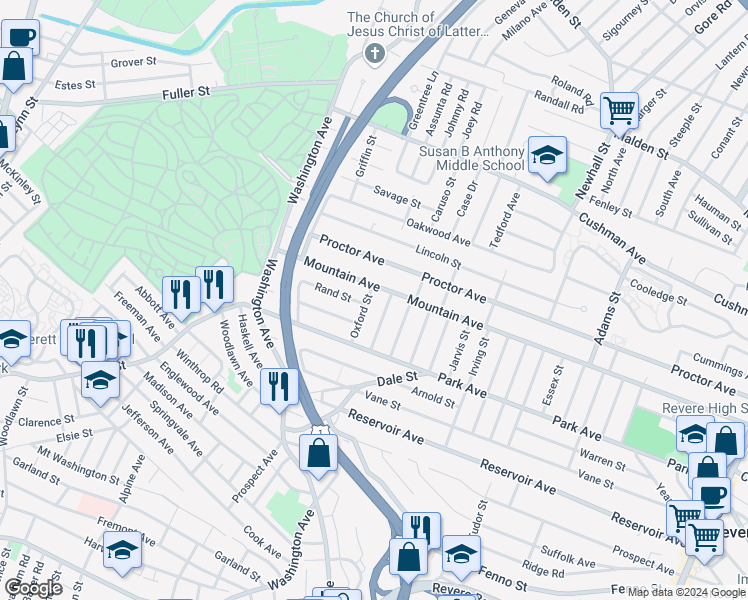 map of restaurants, bars, coffee shops, grocery stores, and more near 4 Rand Street in Revere