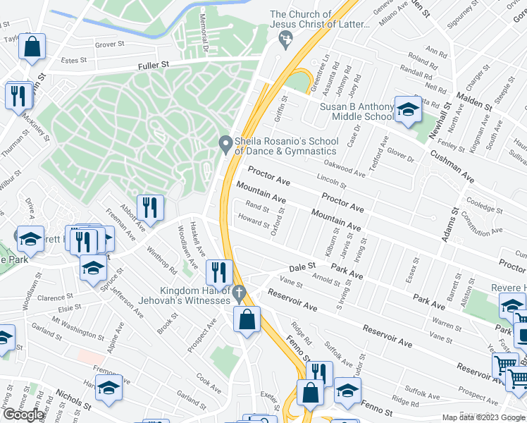 map of restaurants, bars, coffee shops, grocery stores, and more near 35 Howard Street in Revere