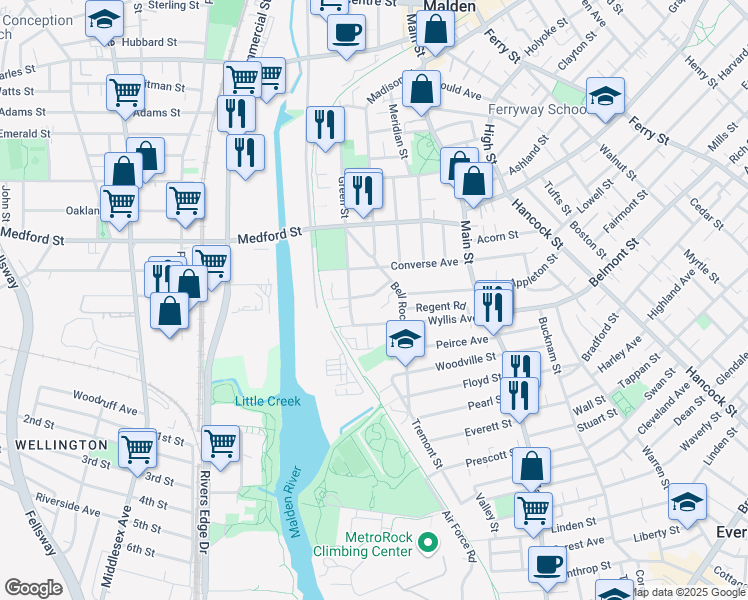 map of restaurants, bars, coffee shops, grocery stores, and more near 56 Newman Road in Malden