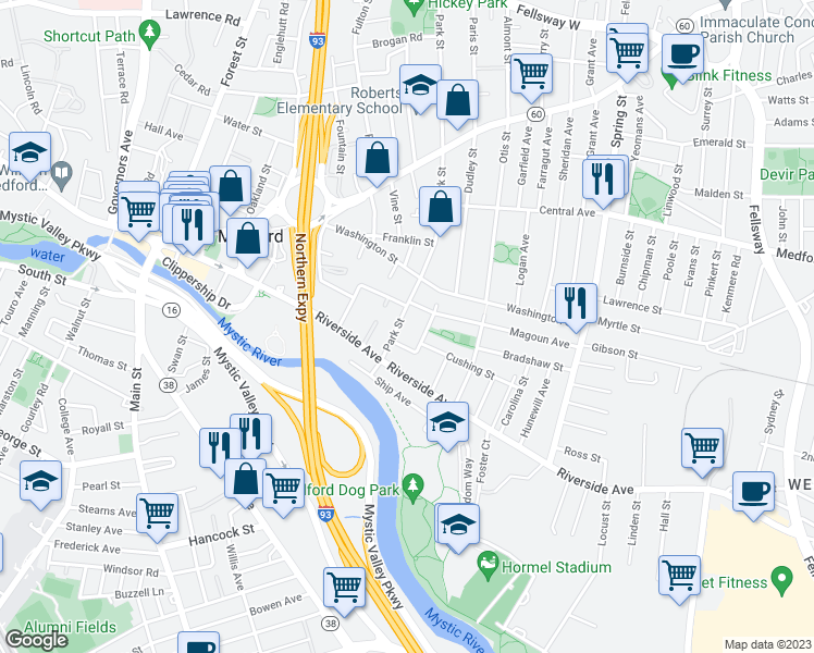 map of restaurants, bars, coffee shops, grocery stores, and more near 8 Thatcher Street in Medford
