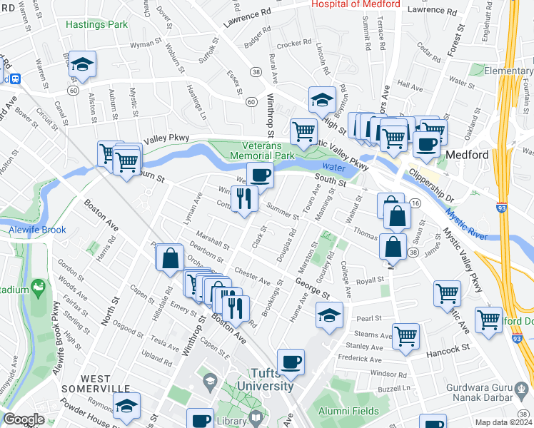 map of restaurants, bars, coffee shops, grocery stores, and more near 66 Clark Street in Medford