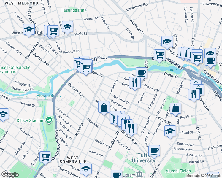 map of restaurants, bars, coffee shops, grocery stores, and more near 50 Lyman Avenue in Medford