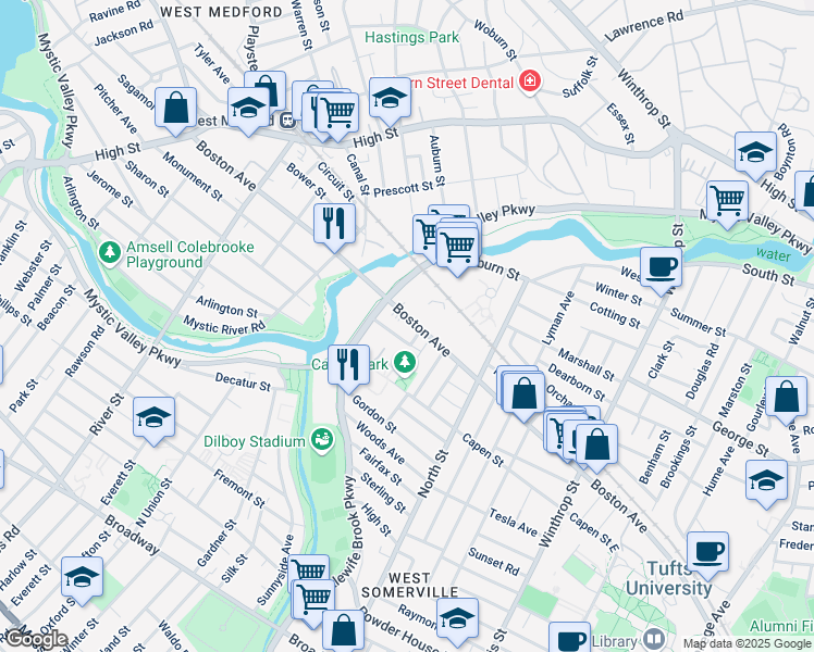 map of restaurants, bars, coffee shops, grocery stores, and more near 38 Irvington Road in Somerville