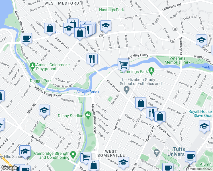 map of restaurants, bars, coffee shops, grocery stores, and more near 38 Irvington Road in Somerville