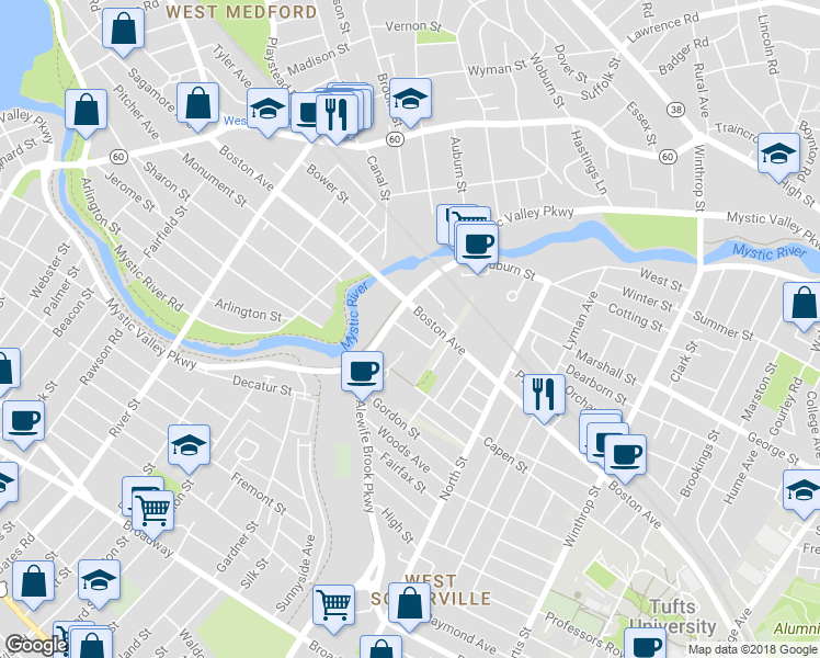 map of restaurants, bars, coffee shops, grocery stores, and more near 501 Mystic Valley Parkway in Somerville