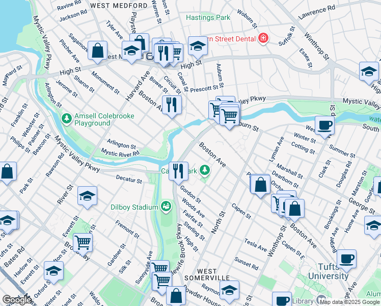 map of restaurants, bars, coffee shops, grocery stores, and more near 501 Mystic Valley Parkway in Somerville