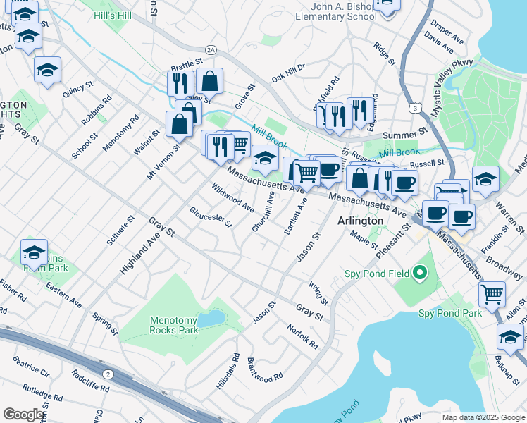 map of restaurants, bars, coffee shops, grocery stores, and more near 48 Wildwood Avenue in Arlington