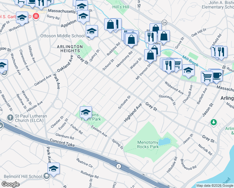 map of restaurants, bars, coffee shops, grocery stores, and more near 105 Mount Vernon Street in Arlington