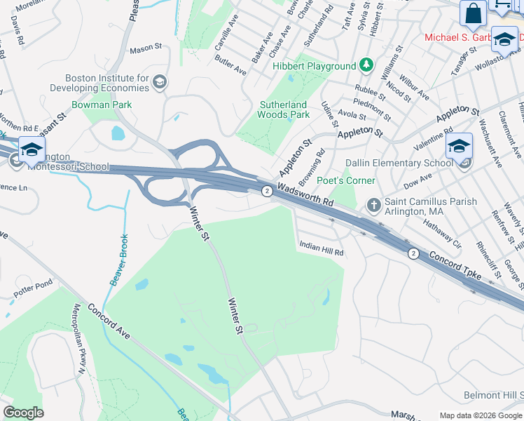 map of restaurants, bars, coffee shops, grocery stores, and more near 26 Golden Avenue in Arlington