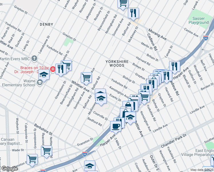 map of restaurants, bars, coffee shops, grocery stores, and more near 9776 Kensington Avenue in Detroit