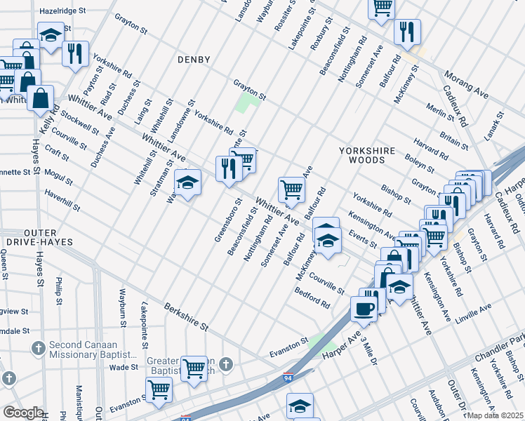 map of restaurants, bars, coffee shops, grocery stores, and more near 10368 Beaconsfield Street in Detroit