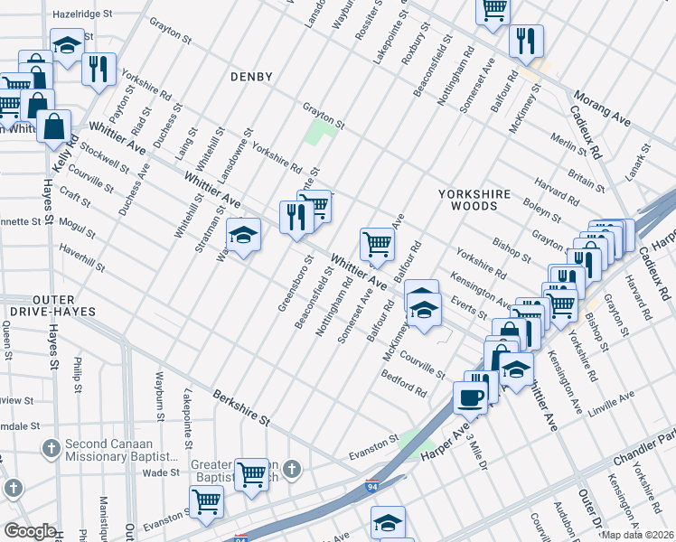 map of restaurants, bars, coffee shops, grocery stores, and more near 10368 Beaconsfield Street in Detroit