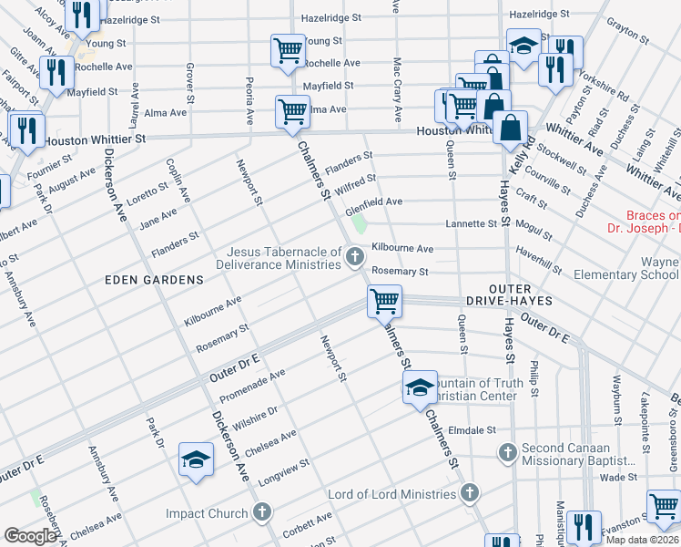map of restaurants, bars, coffee shops, grocery stores, and more near 14294 Rosemary Street in Detroit