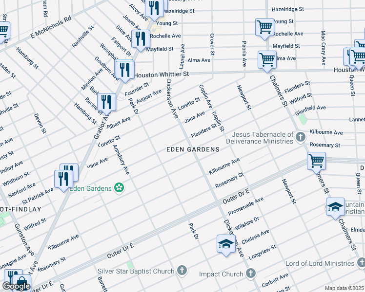 map of restaurants, bars, coffee shops, grocery stores, and more near 12772 Flanders Street in Detroit