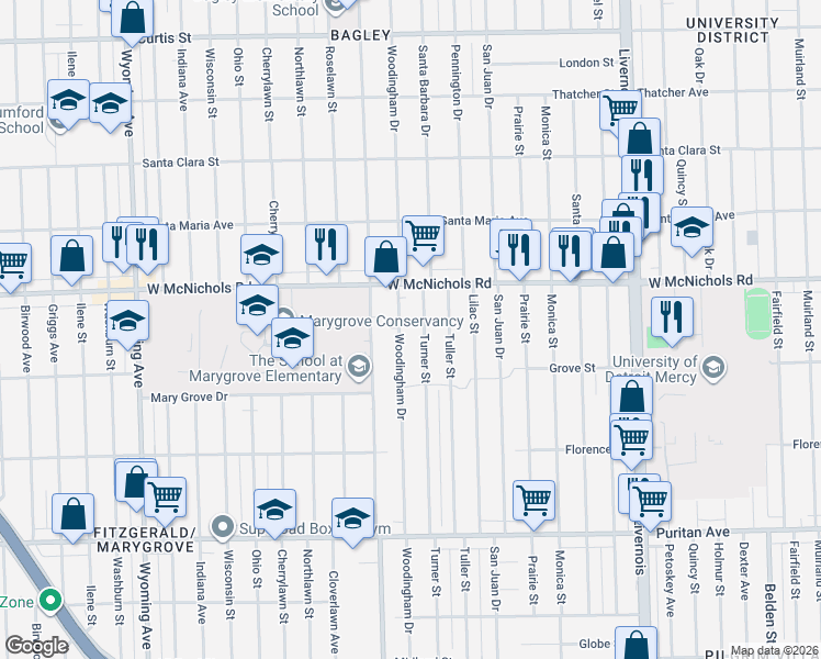 map of restaurants, bars, coffee shops, grocery stores, and more near 16737 Turner Street in Detroit