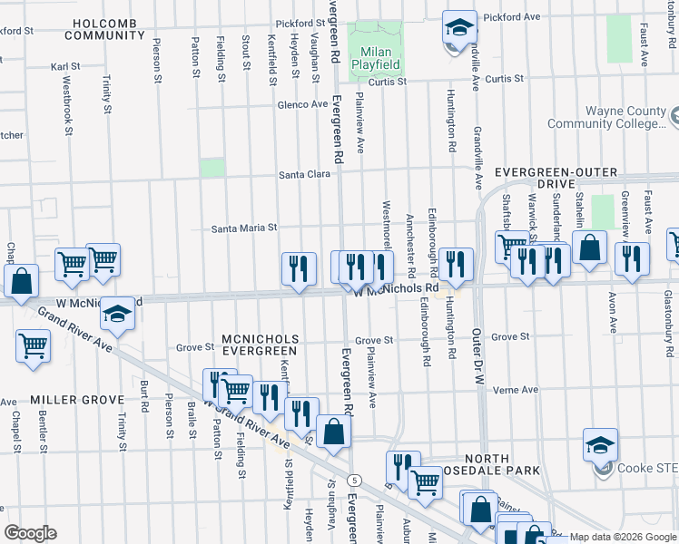 map of restaurants, bars, coffee shops, grocery stores, and more near in Detroit