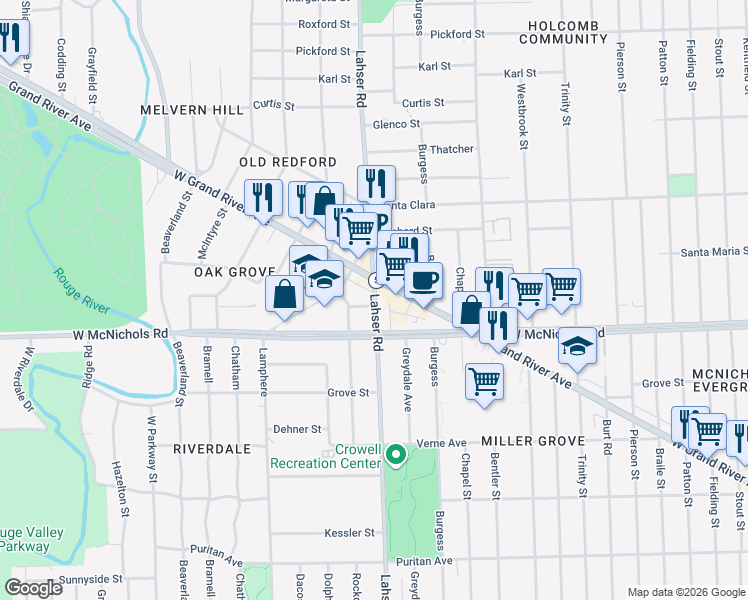 map of restaurants, bars, coffee shops, grocery stores, and more near 17152 Lahser Road in Detroit