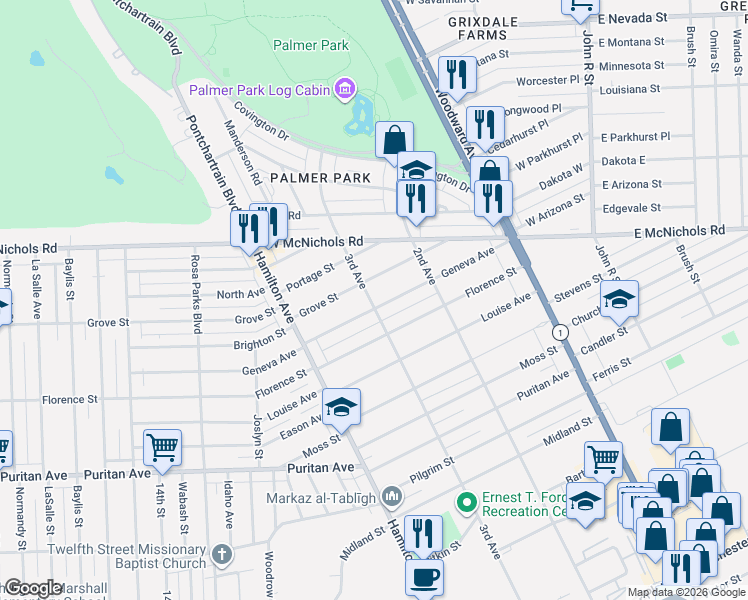 map of restaurants, bars, coffee shops, grocery stores, and more near 159 Geneva Avenue in Highland Park