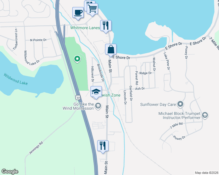 map of restaurants, bars, coffee shops, grocery stores, and more near 9001 Main Street in Whitmore Lake