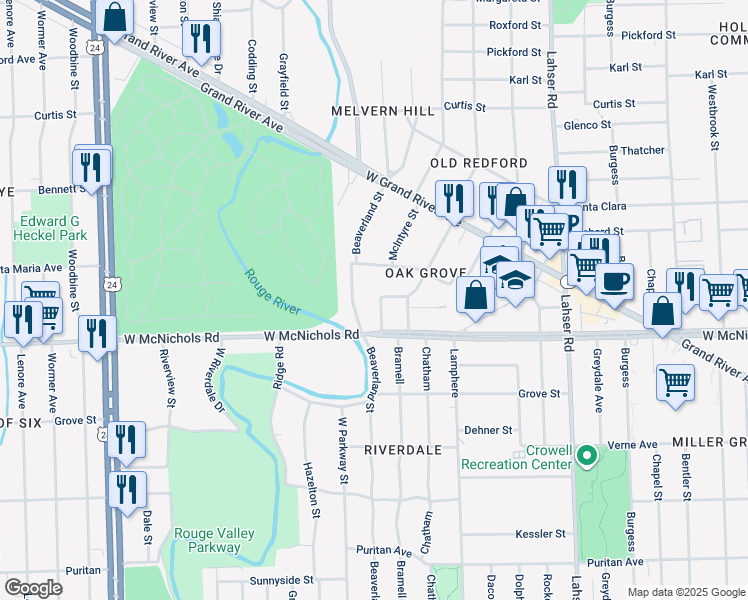 map of restaurants, bars, coffee shops, grocery stores, and more near 17167 Gore Avenue in Detroit