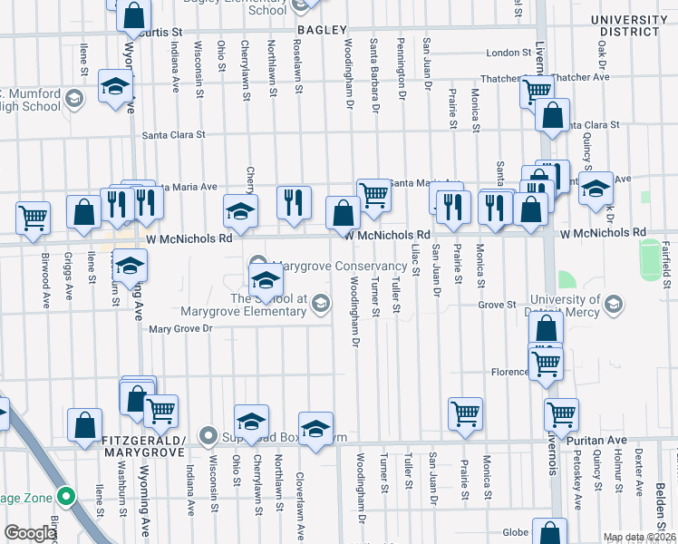 map of restaurants, bars, coffee shops, grocery stores, and more near 16756 Greenlawn Street in Detroit