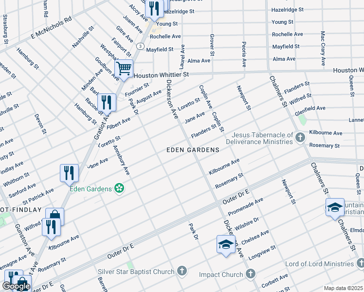 map of restaurants, bars, coffee shops, grocery stores, and more near 12772 Flanders Street in Detroit