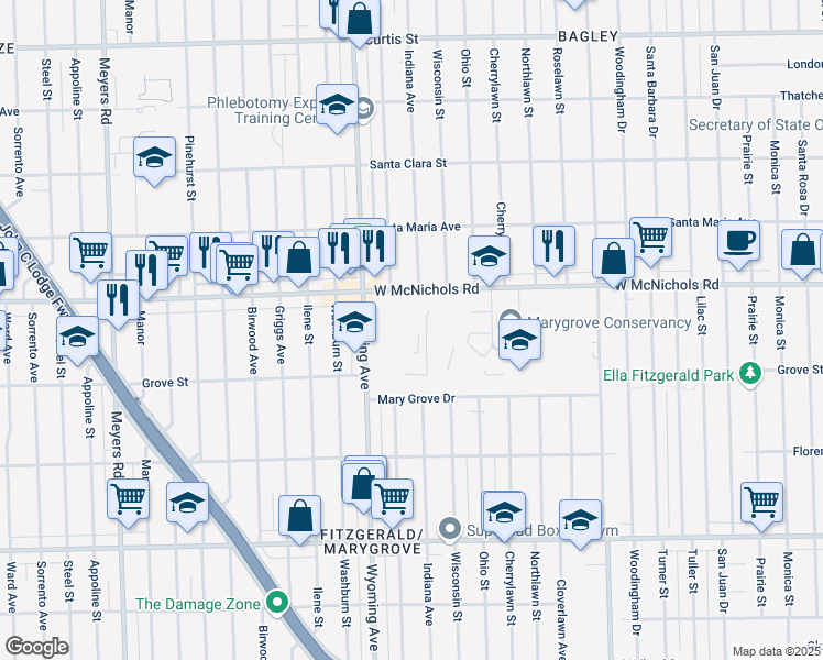 map of restaurants, bars, coffee shops, grocery stores, and more near 16800 Wyoming Avenue in Detroit