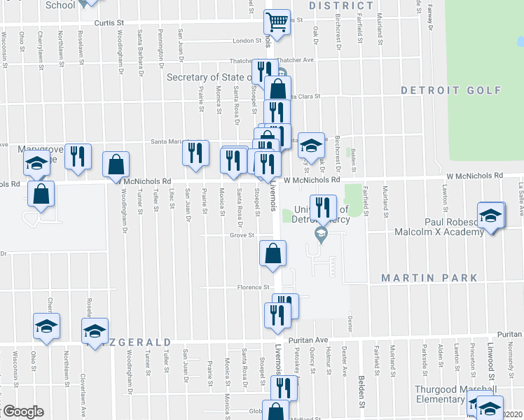 map of restaurants, bars, coffee shops, grocery stores, and more near 16876 Stoepel Street in Detroit