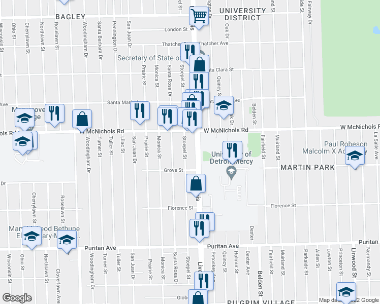 map of restaurants, bars, coffee shops, grocery stores, and more near 16859 Stoepel Street in Detroit