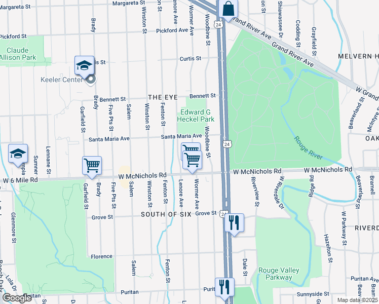 map of restaurants, bars, coffee shops, grocery stores, and more near 17165 Wormer in Detroit