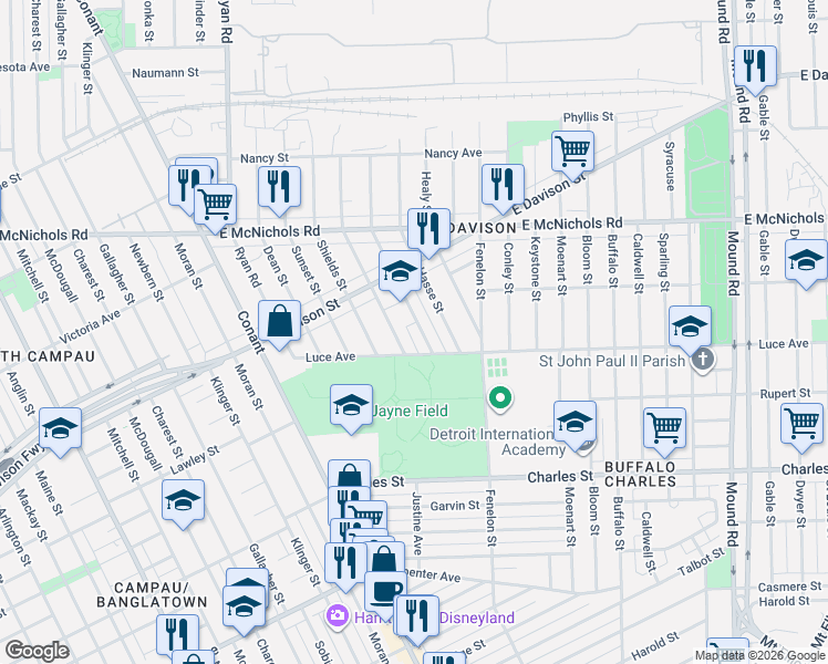 map of restaurants, bars, coffee shops, grocery stores, and more near 13421 Eureka Street in Hamtramck