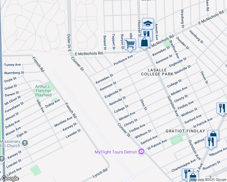 map of restaurants, bars, coffee shops, grocery stores, and more near 11095 Engleside Street in Detroit