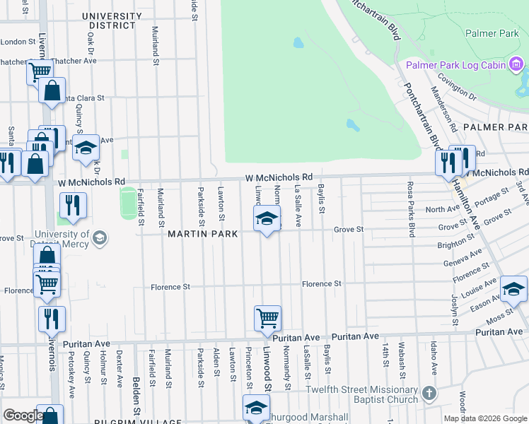 map of restaurants, bars, coffee shops, grocery stores, and more near 16835 Linwood Street in Detroit