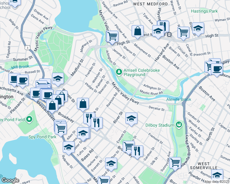 map of restaurants, bars, coffee shops, grocery stores, and more near 127-129 Rawson Road in Arlington