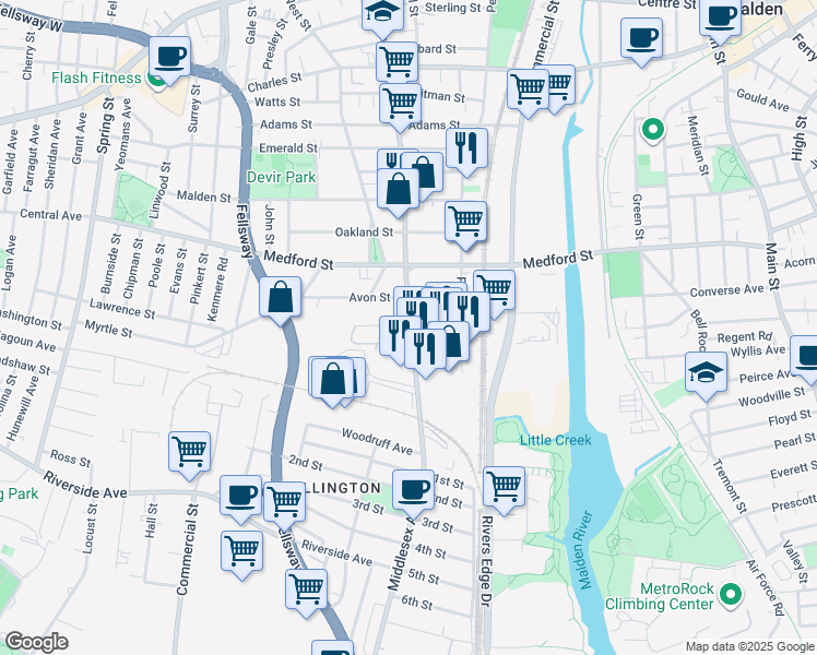 map of restaurants, bars, coffee shops, grocery stores, and more near 26 Highland Avenue in Malden
