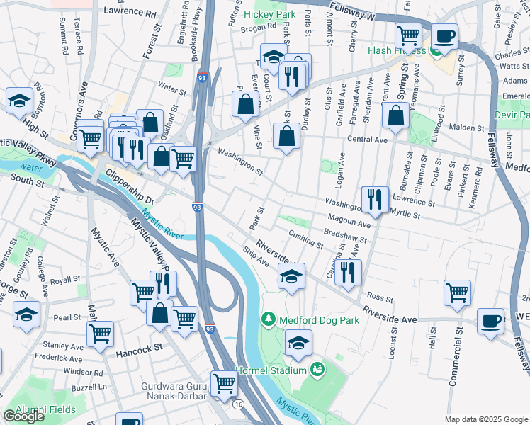 map of restaurants, bars, coffee shops, grocery stores, and more near 8 Thatcher Street in Medford