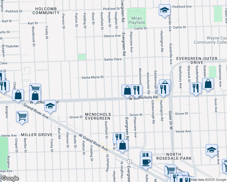 map of restaurants, bars, coffee shops, grocery stores, and more near 17125 Vaughan Street in Detroit