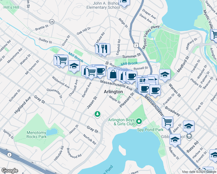 map of restaurants, bars, coffee shops, grocery stores, and more near in Arlington